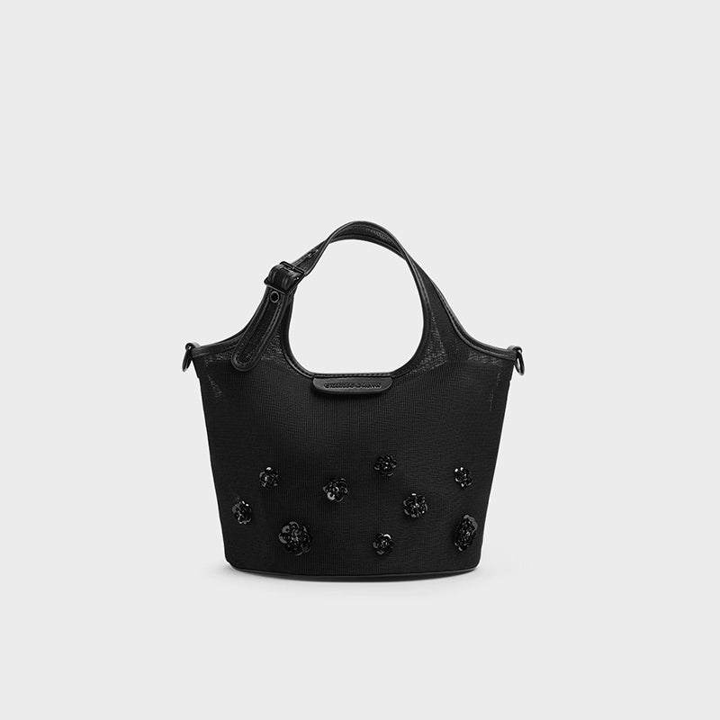 Borsa a secchiello con stampa floreale 3D in tulle per donna
