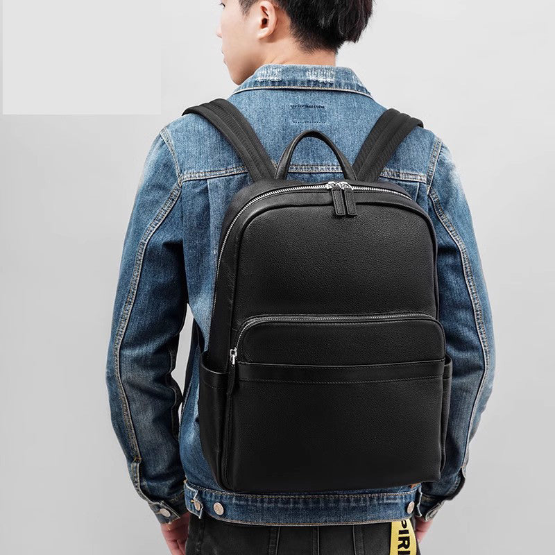 Top-Grain Leather Backpack - Korean Style Travel/Work Unisex Bag