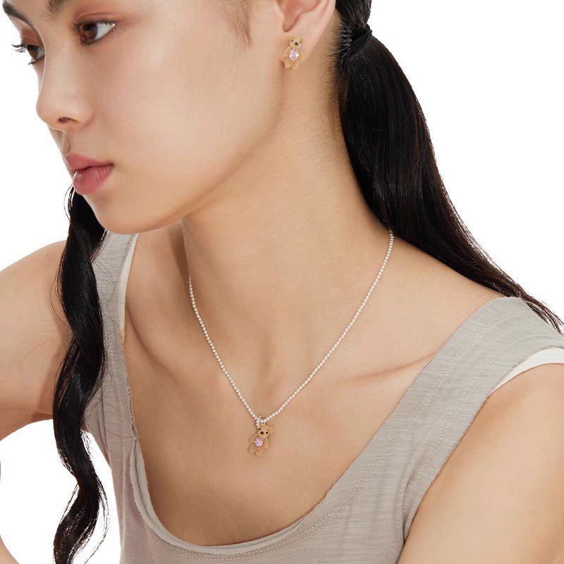 Flocked Mini Bear Pearl Necklace